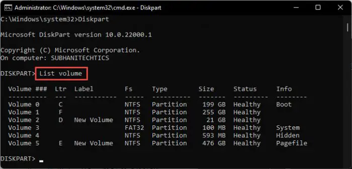 List volume details in Command Prompt