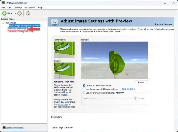Manage 3D settings from Nvidia Control Panel