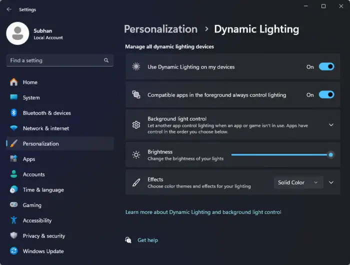 Manage dynamic lighting in Windows 11 23H2