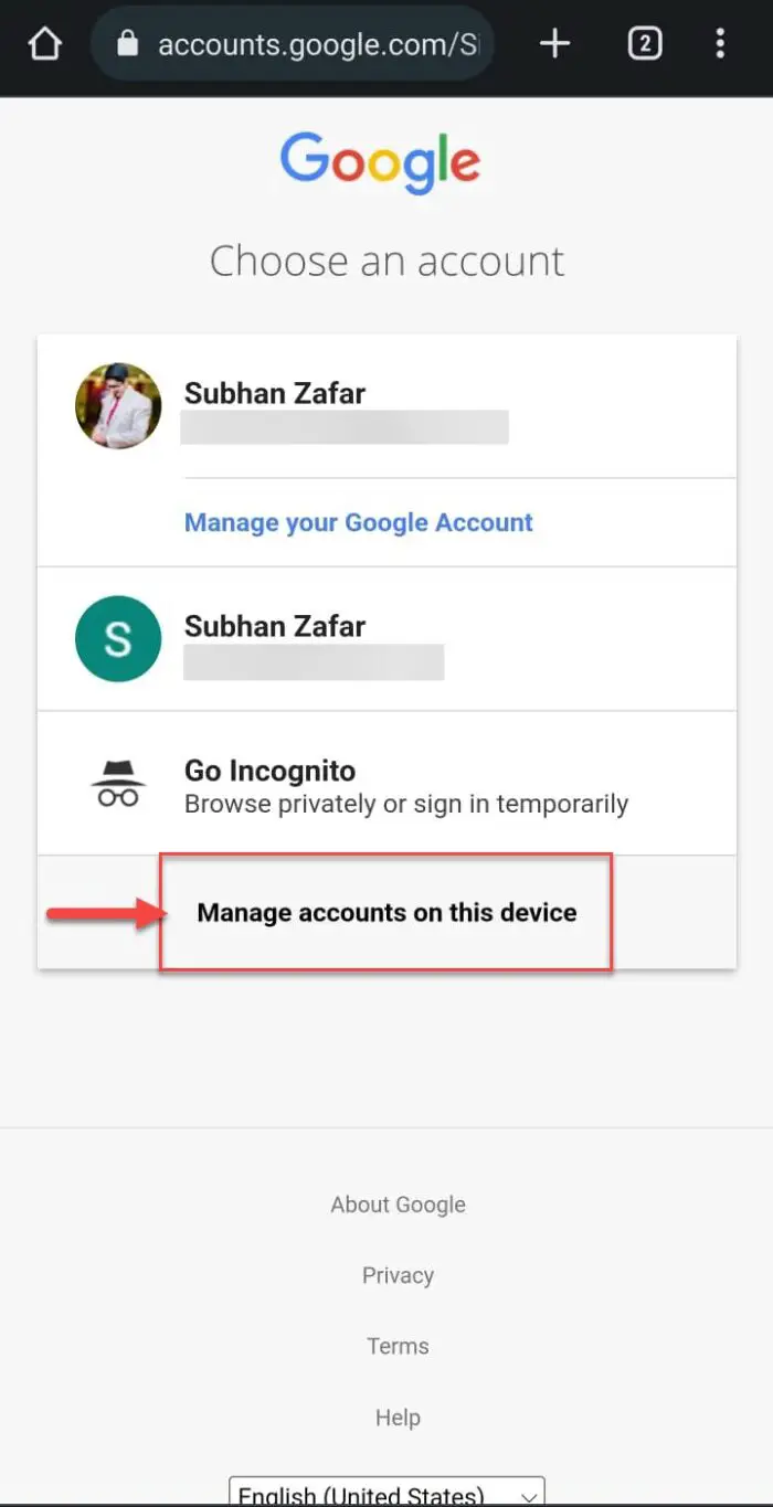 manage Google accounts on this device