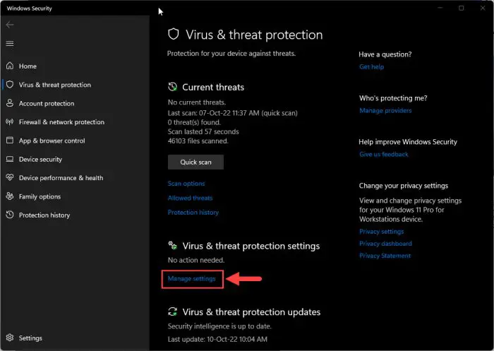 Manage virus and threat protection settings