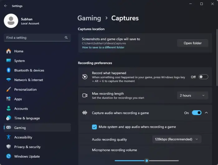 Manage Xbox Game Bar screen recording settings
