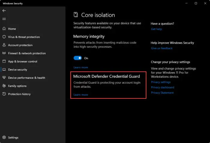 Microsoft Defender Credential Guard in Windows Security