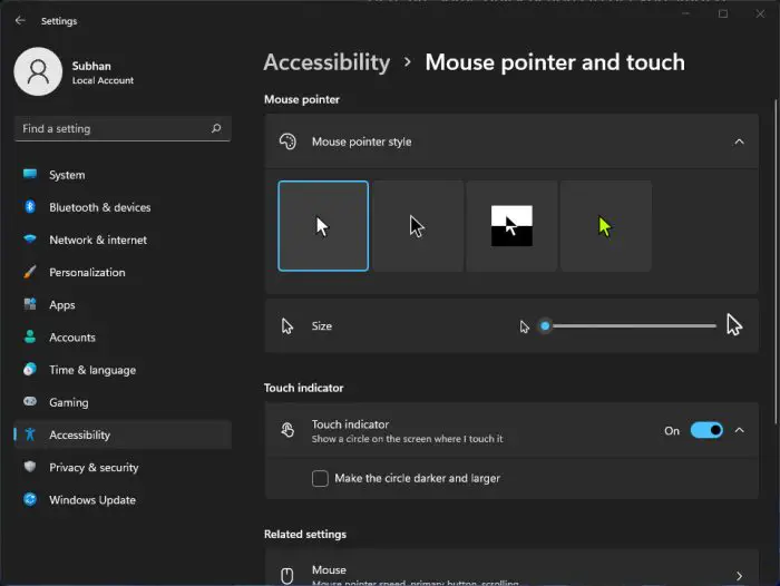 Mouse pointer and touch accessibility settings