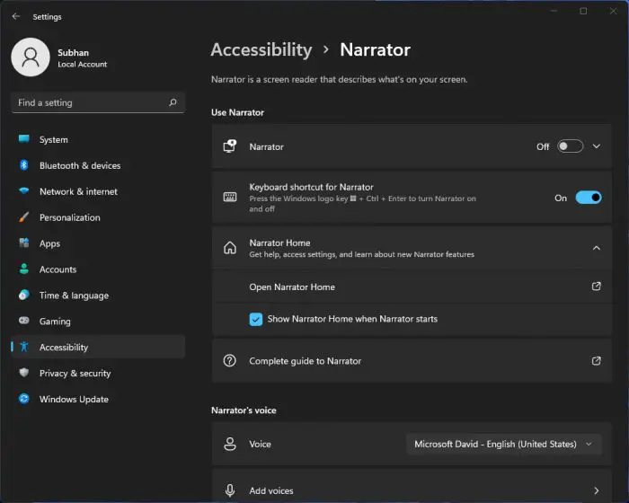 Narrator settings page