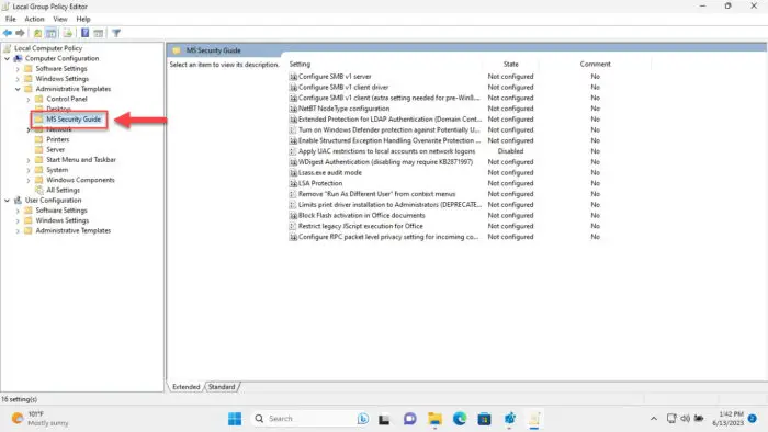Navigate to the MS Security Guide folder in the Group Policy Editor