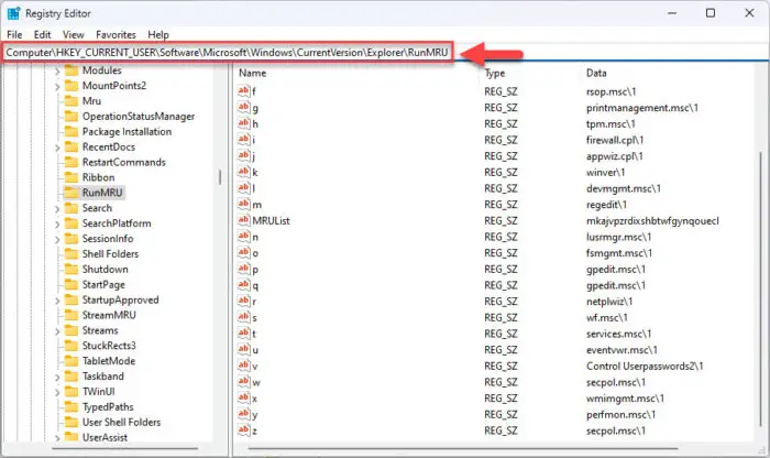 Navigate to the RunMRU Registry key