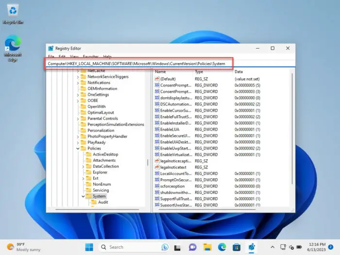 Navigate to the System key in Windows Registry