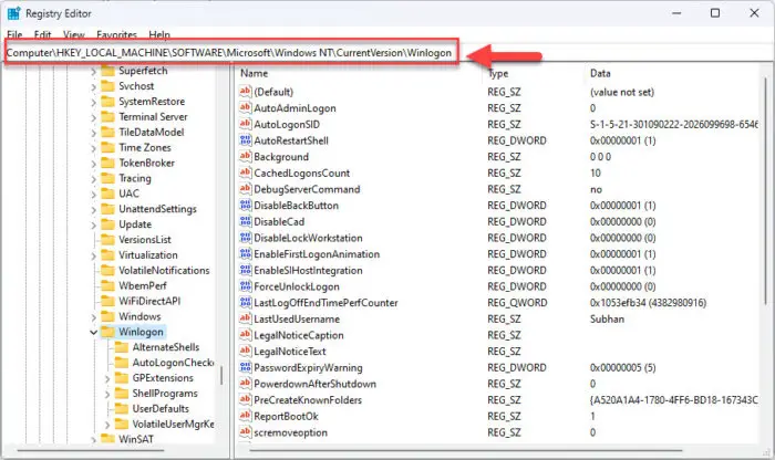 Navigate to the Winlogon key