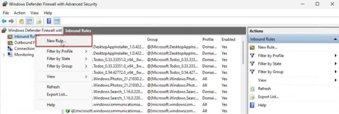 New inbound rule in Firewall