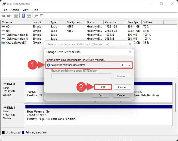 Assign a new drive letter from Disk Management Console
