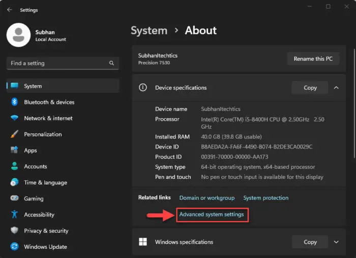 Open Advanced system settings