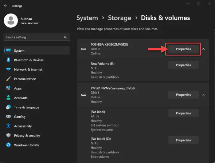 Open disk properties