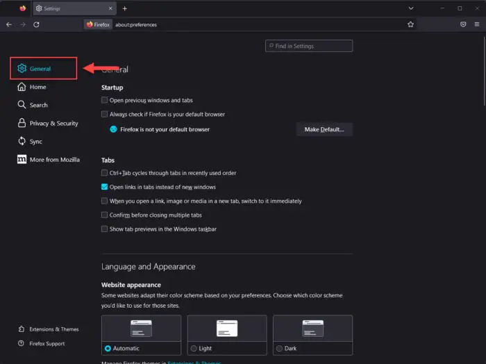 Open Firefox general settings