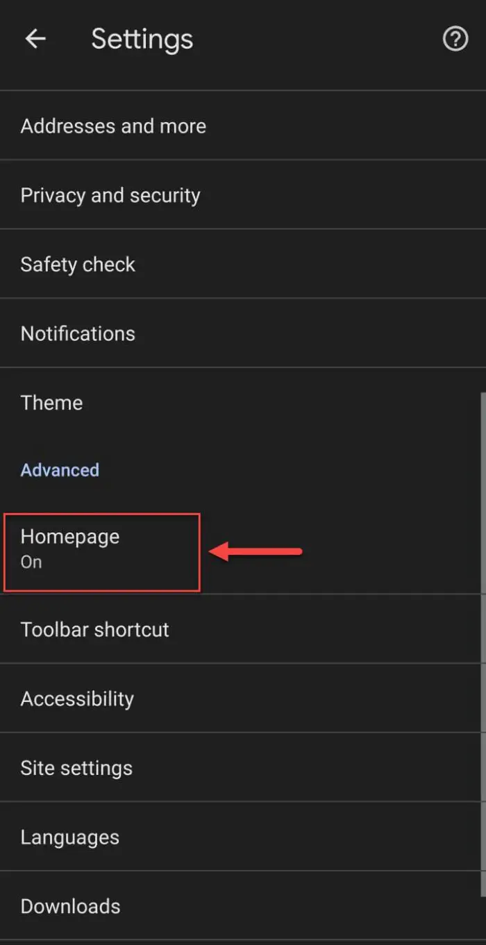 Open Home page settings