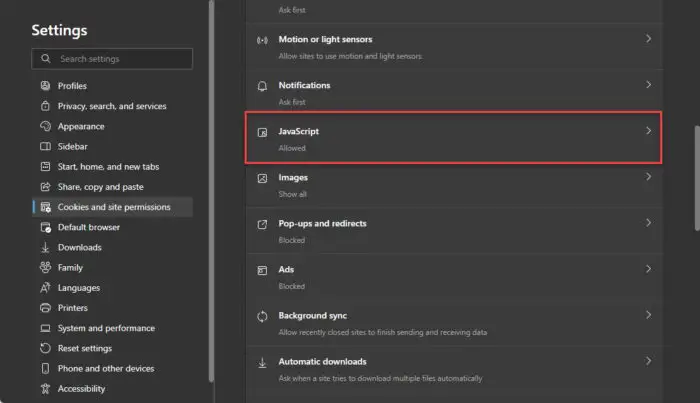 Open JavaScript settings Edge