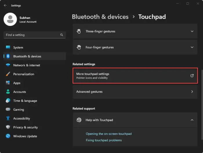 Open more touchpad settings