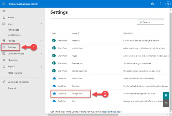 Open OneDrive storage limit settings