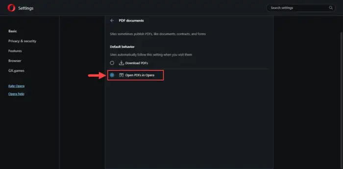 Open PDFs in Opera