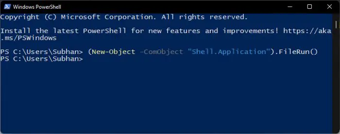 Open Run Command from PowerShell