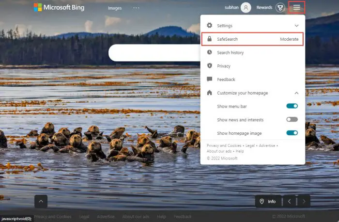 Open SafeSearch settings in Bing