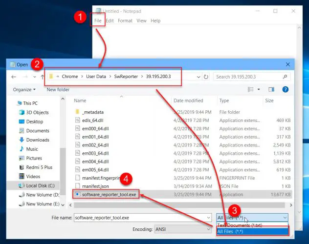 Open software reporter tool exe in notepad