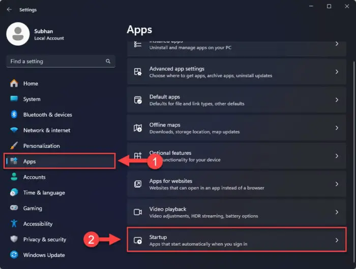 Open Startup apps settings page