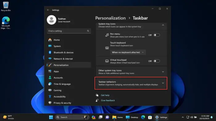 Open taskbar behavior settings