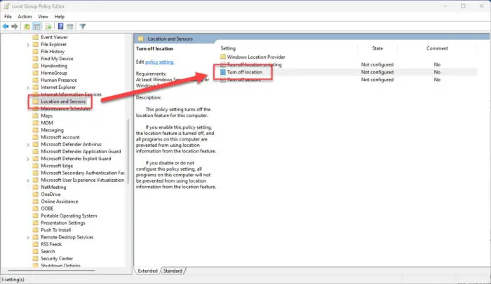 Open the Location Services Group Policy