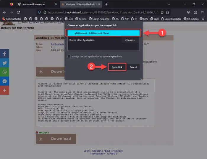 Open the magnet link in Firefox
