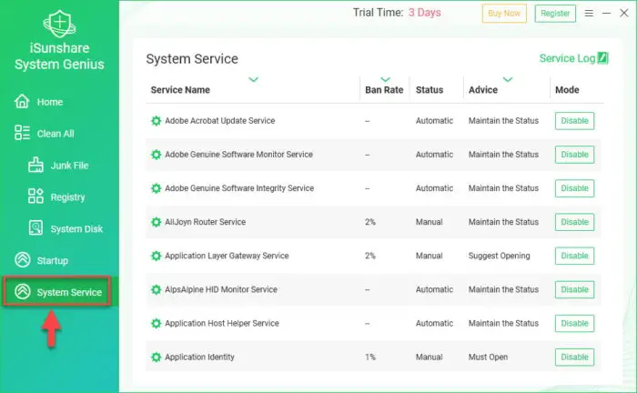 Open the System Service tab in System Genius software