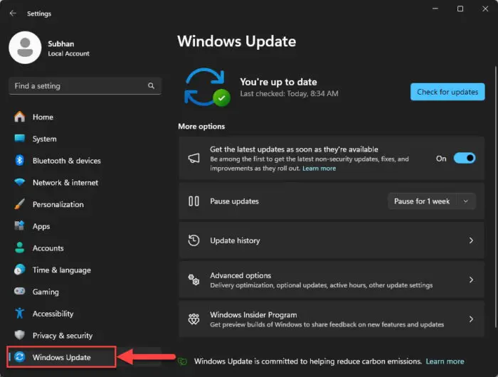 Open the Windows Update Settings page