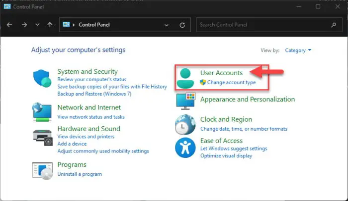 Open User Account settings in Control Panel