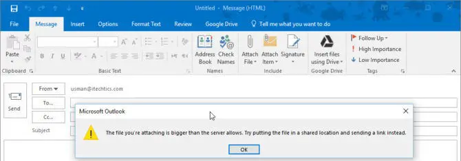 Outlook client attachment file size limit