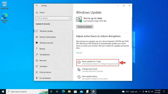 Pause updates in Windows 10