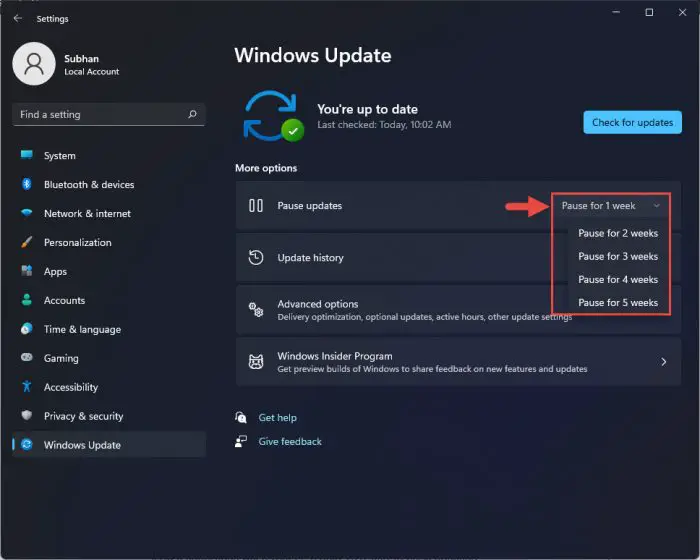 Pause updates in Windows 11