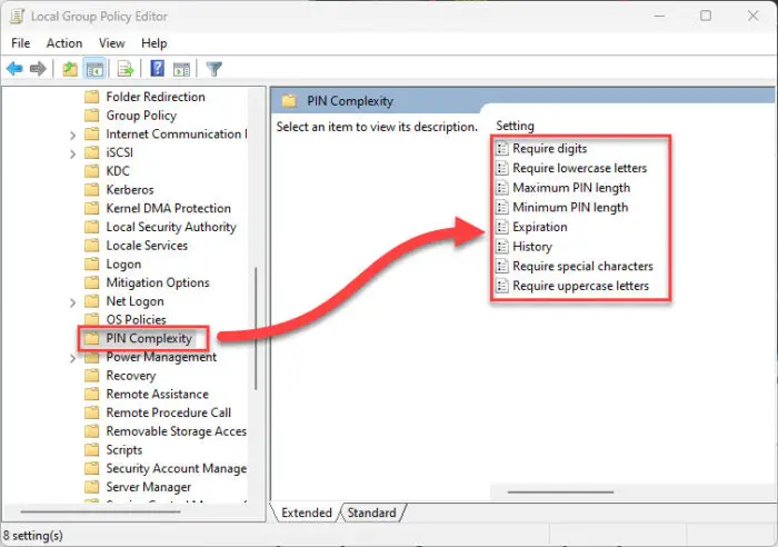PIN complexity Group Policy settings