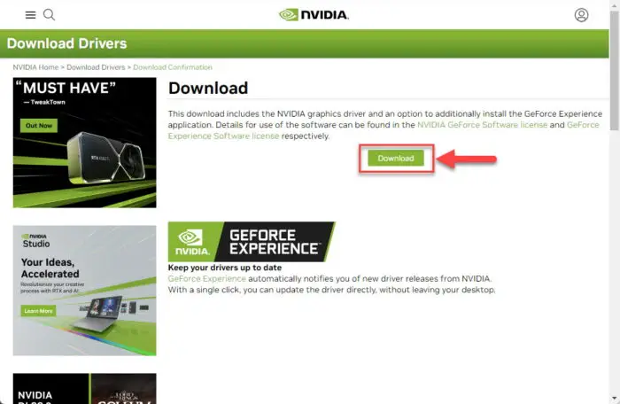 Proceed to download the Nvidia Game Ready driver