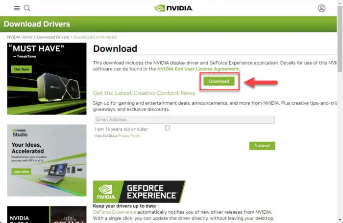 Proceed to download the Nvidia Studio driver