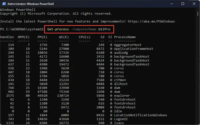 Query all processes on remote computer using Get Process PowerShell