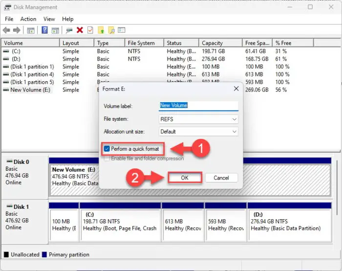 Quickly format the disk using Disk Management Console