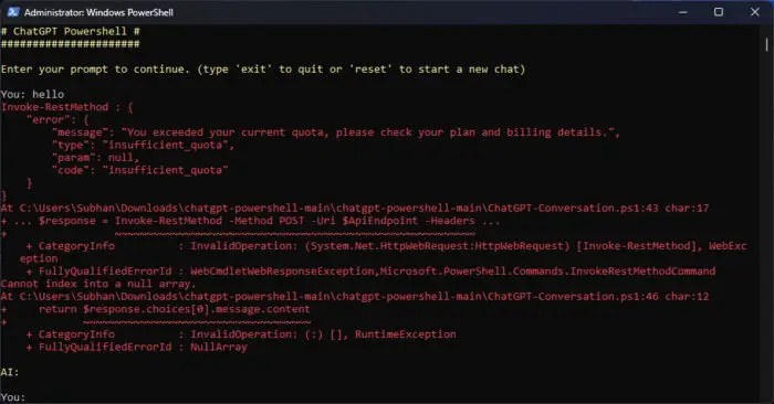 Quota error message in GitHub PowerShell Copilot (PowerShellAI)