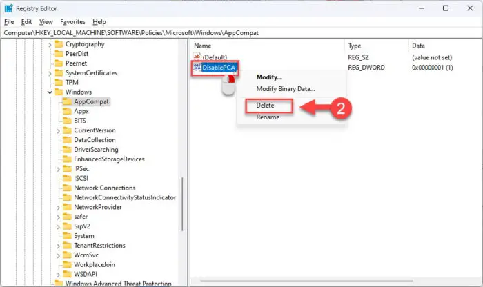 Re enable PCA from Windows Registry