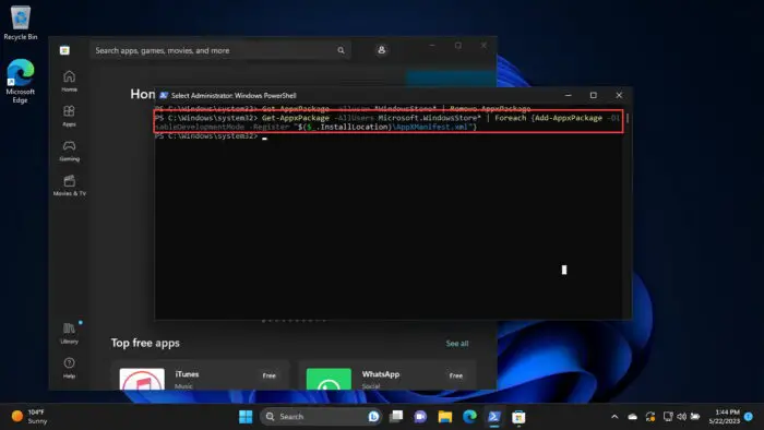 Reinstall Microsoft Store from PowerShell