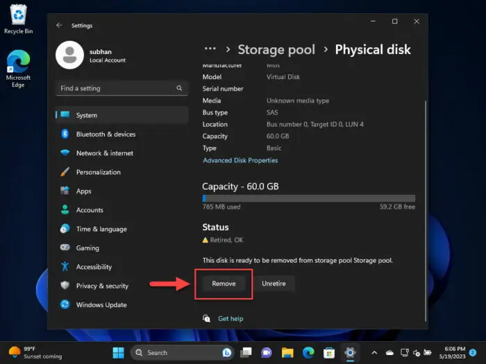 Remove disk from Storage Space