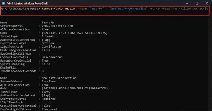 Remove multiple global VPN profiles from PowerShell
