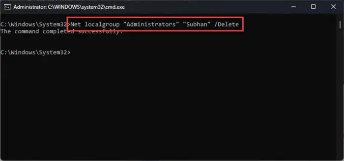 Remove user account from Administrators group using Command Prompt