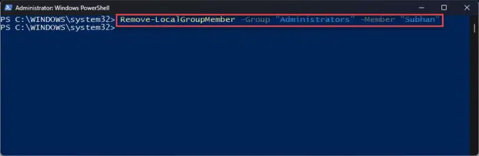 Remove user account from Administrators group using PowerShell