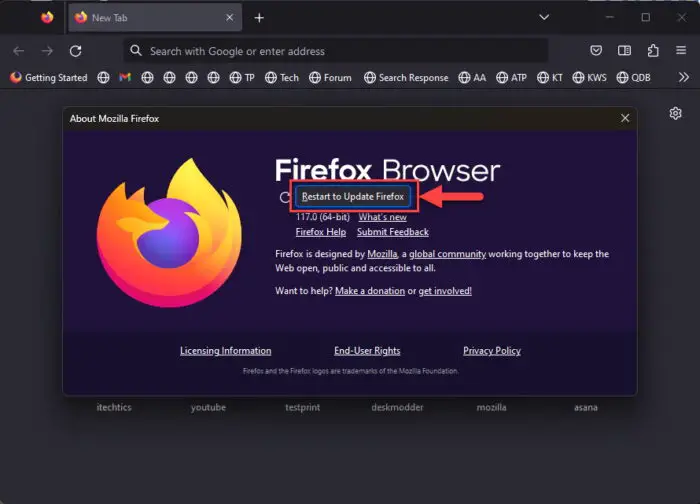 Restart Firefox to update