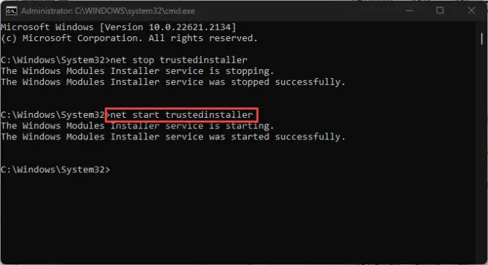Restart the Windows Modules Installer service